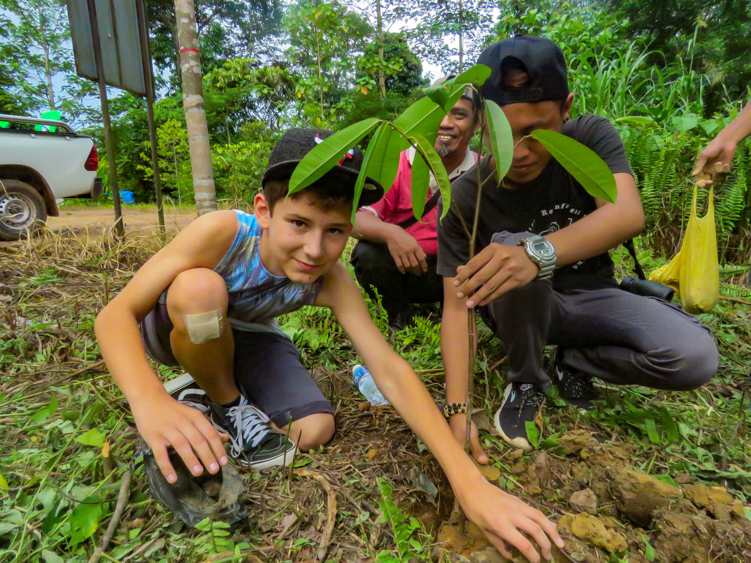 Junger Mann pflanzt Bäume in Bukit Piton