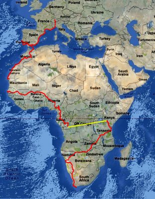 Karte der Afrika Reise von der Schweiz nach Südafrika